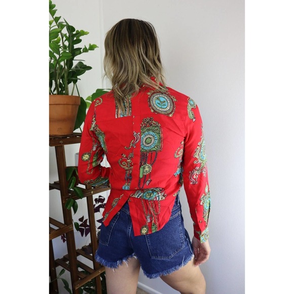 Maeve Anthropologie US 2 UK 6 Red Colorful Antique Clock Print Long Sleeve Shirt - Picture 2 of 4